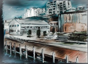 Digital painting of a waterfront with buildings and a dock under a cloudy sky.