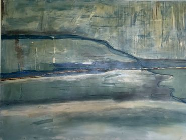 Abstract landscape painting with muted blue and green tones.