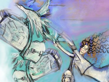 Surreal artwork of a woman flying with a bird made of buildings.