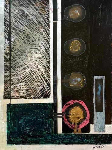 Abstract geometric painting with textured layers and circular accents in a black frame.