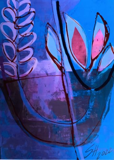 Abstract blue and purple floral painting.