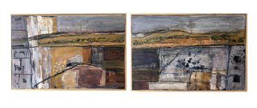 Two abstract landscape paintings with earthy tones and textured details.