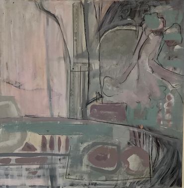 Abstract painting with muted tones and geometric shapes.