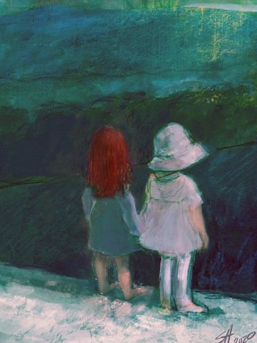 Two children holding hands near water.