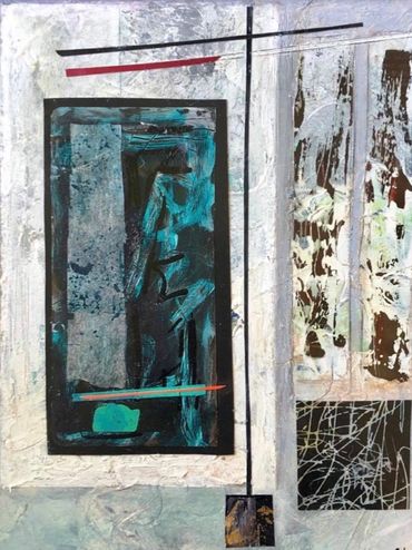 Abstract geometric painting with textured layers and intersecting lines in cool tones.