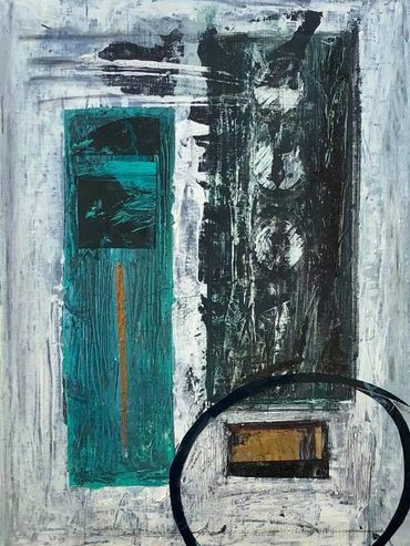Abstract painting with teal, black, white, and brown rectangles and a black circle.