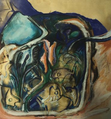 Abstract painting with blue, green, and beige tones featuring organic shapes and fish-like figures.