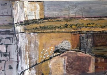 Abstract painting with earthy tones and textured layers.