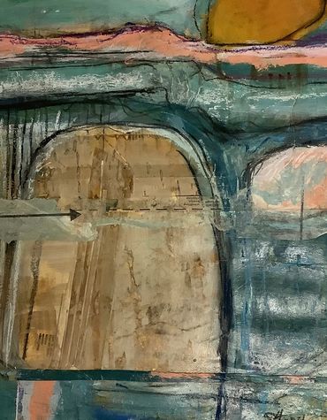 Abstract painting with arch shapes, blue and orange hues, and textured layers.