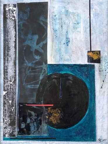 Abstract geometric painting with black, blue, and gold shapes on a textured white background.