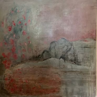Abstract painting with muted tones and hints of red flowers.
