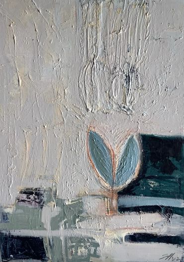 Abstract textured painting with soft colors and organic shapes.