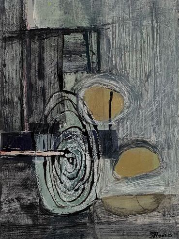 Abstract framed painting with circular and oval shapes in muted tones.