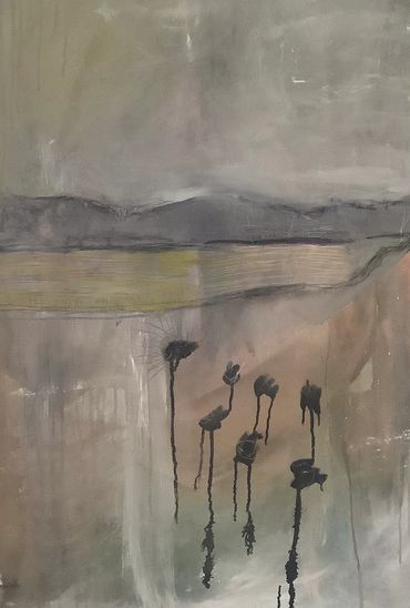 Abstract landscape with muted tones and silhouetted flowers.