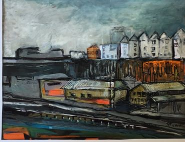 Abstract cityscape with industrial buildings and muted colors.