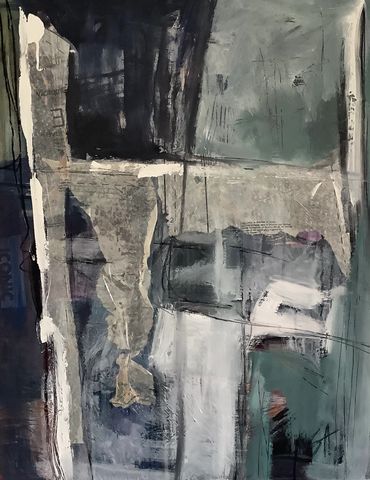 Abstract painting with layered textures in muted blues, grays, and greens.