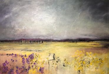 Impressionistic landscape with flowers and a mailbox under a cloudy sky.