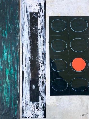 Abstract geometric painting with vertical stripes and a red circle.