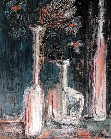 Abstract painting of vases with delicate flowers in muted tones.