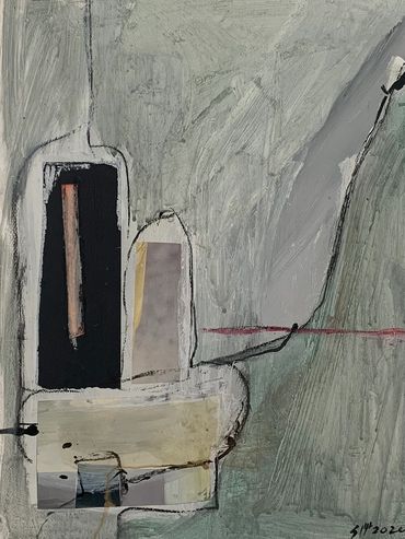 Abstract painting with muted tones in a black frame.