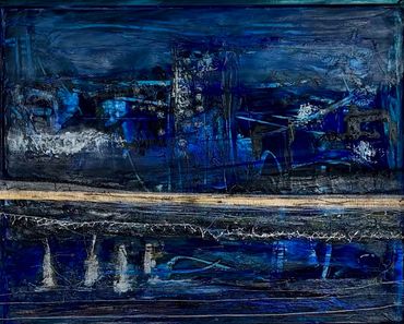Abstract painting with deep blues and textured black and white strokes.