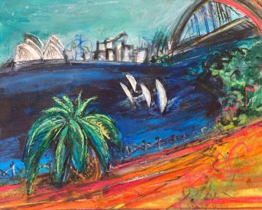 Colorful abstract painting of Sydney Harbour with Opera House and Harbour Bridge.
