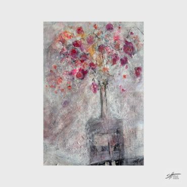 Abstract floral painting with red and pink hues.