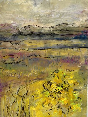 Abstract landscape painting with earthy tones and hints of yellow and purple.