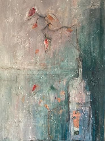 Abstract painting of a bottle with delicate branch and leaves in muted tones.