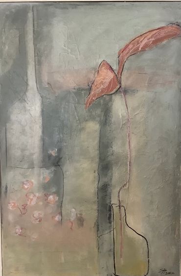 Abstract painting with muted tones and a delicate flower in a vase.