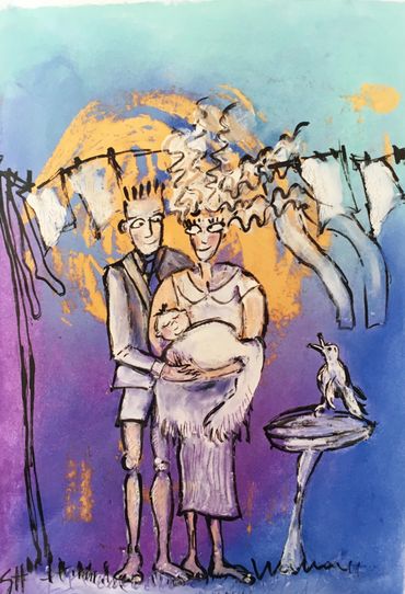 Whimsical drawing of a couple with a baby and a bird.