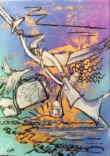 Abstract painting of two figures flying with birds over water.