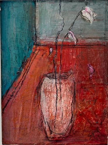 Abstract painting of a vase with flowers on a textured, colorful background.
