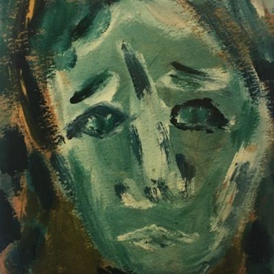 Expressionist painting of a melancholic face in green and blue tones.