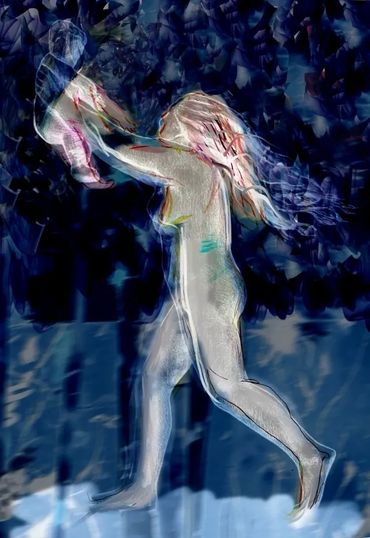 Abstract figure walking through dark, misty environment.