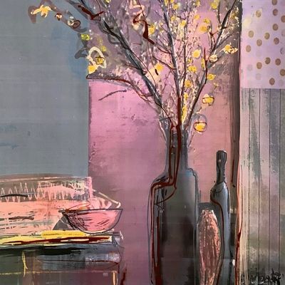 Abstract painting of vases and a flowering branch.