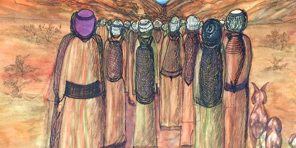 This watercolor and ink work depicts figures crossing a barren desert, sustained by strength, hope,