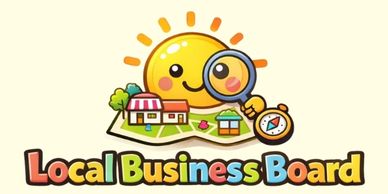 Colorful logo with a smiling sun, map, and magnifying glass for Local Business Board.