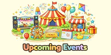 Colorful illustration of a carnival with a tent, ferris wheel, and fun activities for upcoming events.