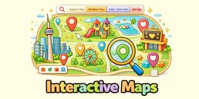 Colorful interactive map with location pins and search options for play and date night.