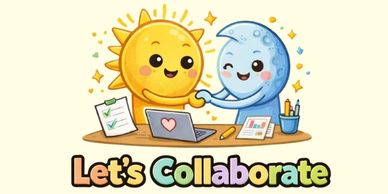 Cute sun and moon characters shaking hands with 'Let's Collaborate' text.