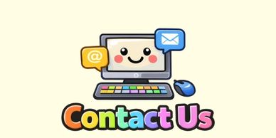 Cute computer graphic with 'Contact Us' text for customer support.