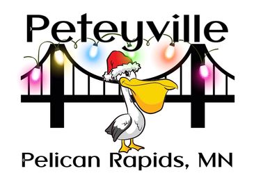 Holiday-themed Peteyville logo with pelican and bridge lights.