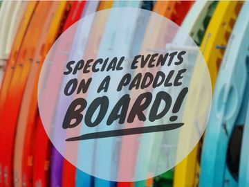 a bunch of colorful paddle boards stacked together and a message of special events on a paddle board