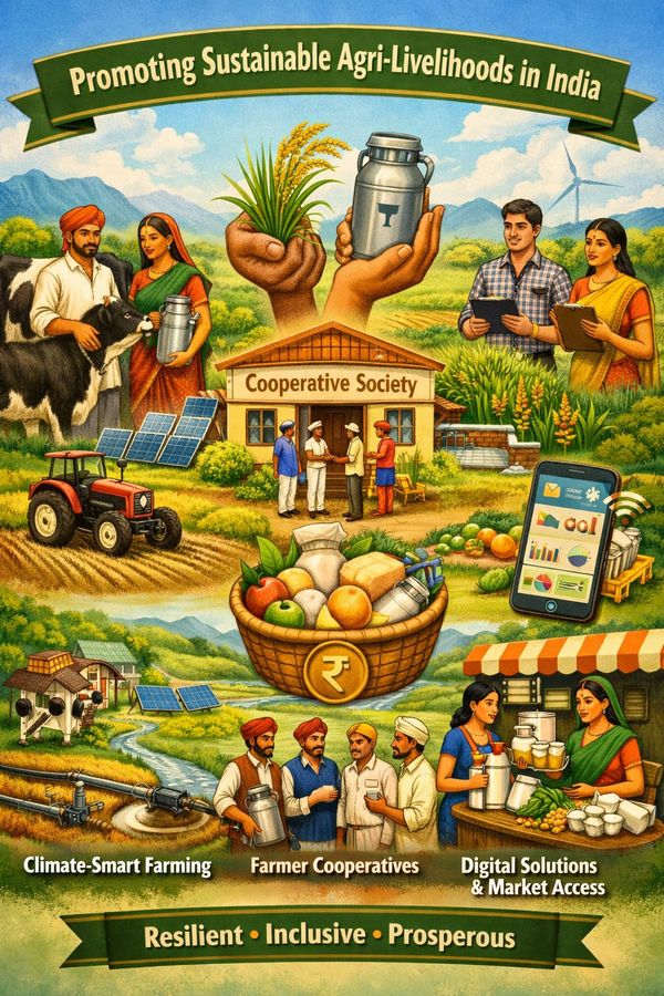Illustration promoting sustainable agriculture and farmer cooperatives in India.