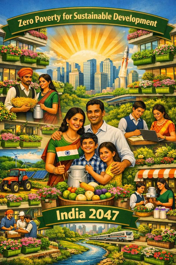 Illustration promoting zero poverty and sustainable development in India by 2047.