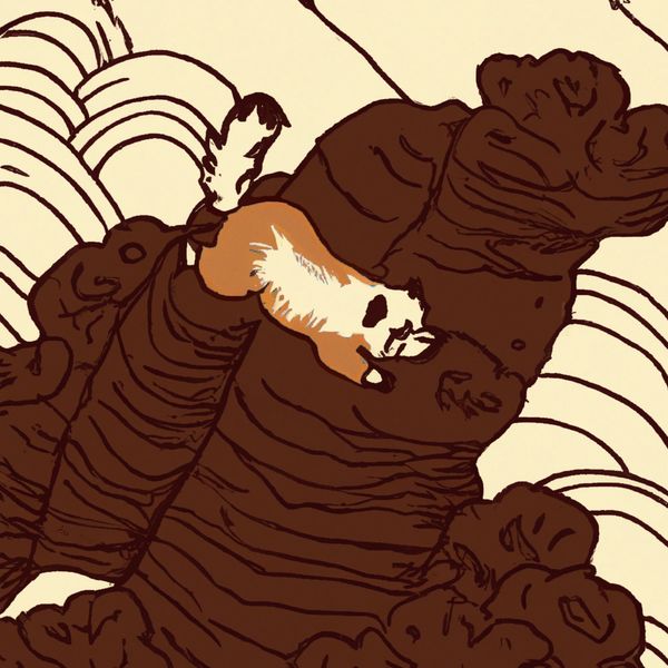 A stylized drawing of a red panda resting on a large mushroom.