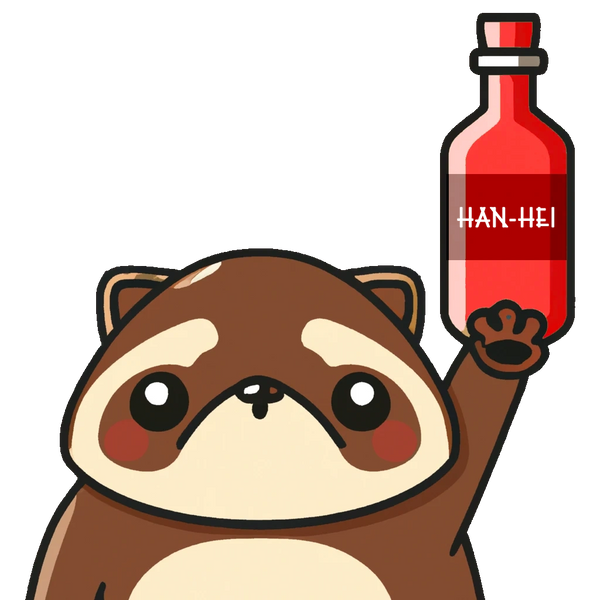 Cute cartoon raccoon holding a red bottle labeled HAN-HEI.