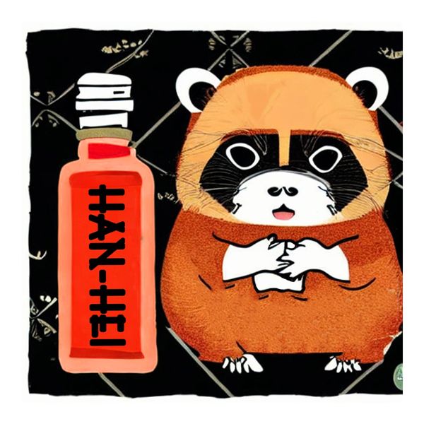 Cartoon red panda with a red bottle labeled "HANY-HEI" on a black background.