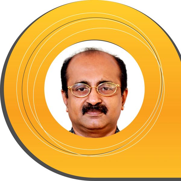 Portrait of a middle-aged man with glasses inside a yellow circular design.